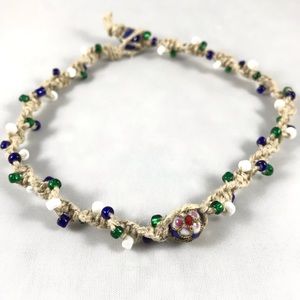 Handmade Hemp Choker W/ Blue Floral Bead